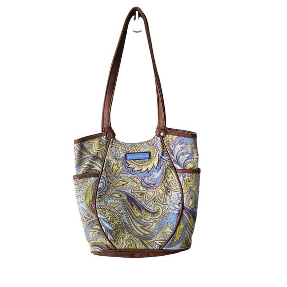 Longaberger Tote Blue Green Paisley Faux Leather Trim Handles EUC - Picture 1 of 12